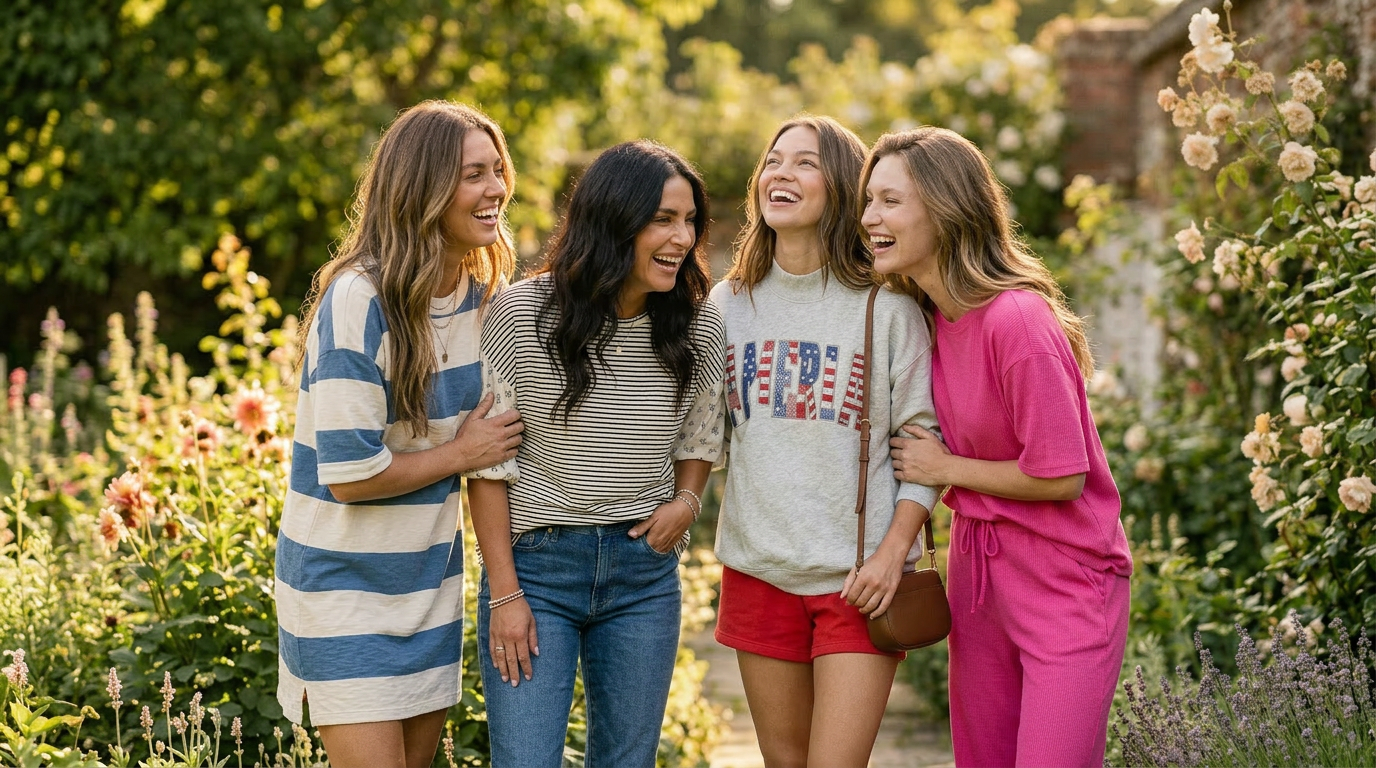 New arrivals in a candid laughing group portrait