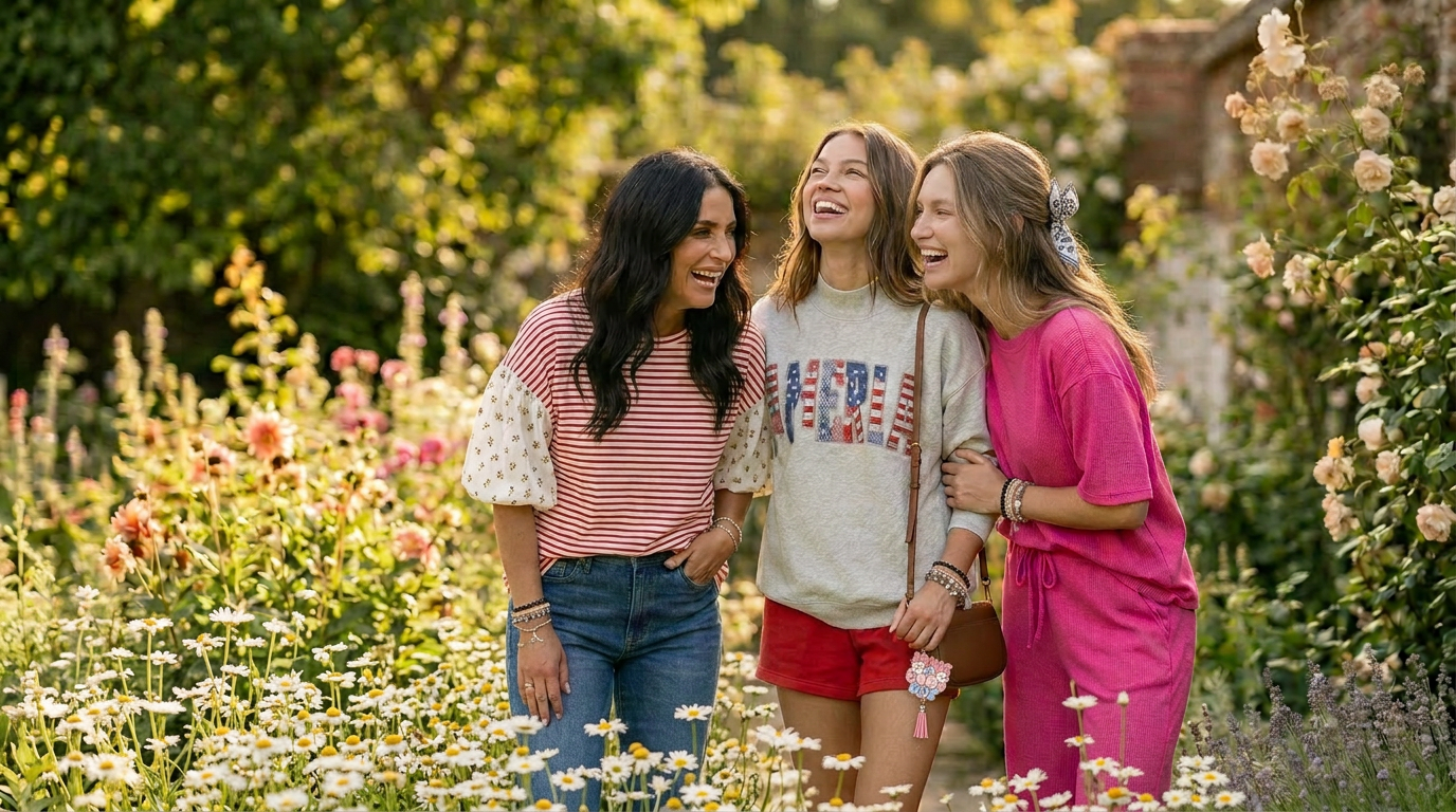 New arrivals in a candid laughing group portrait